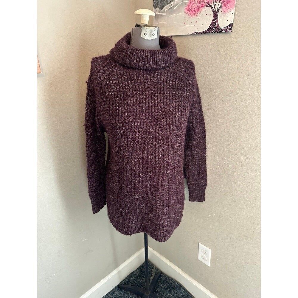 Free People Small Dylan Wool Linen Purple Cable Knit Turtleneck Sweater Womens